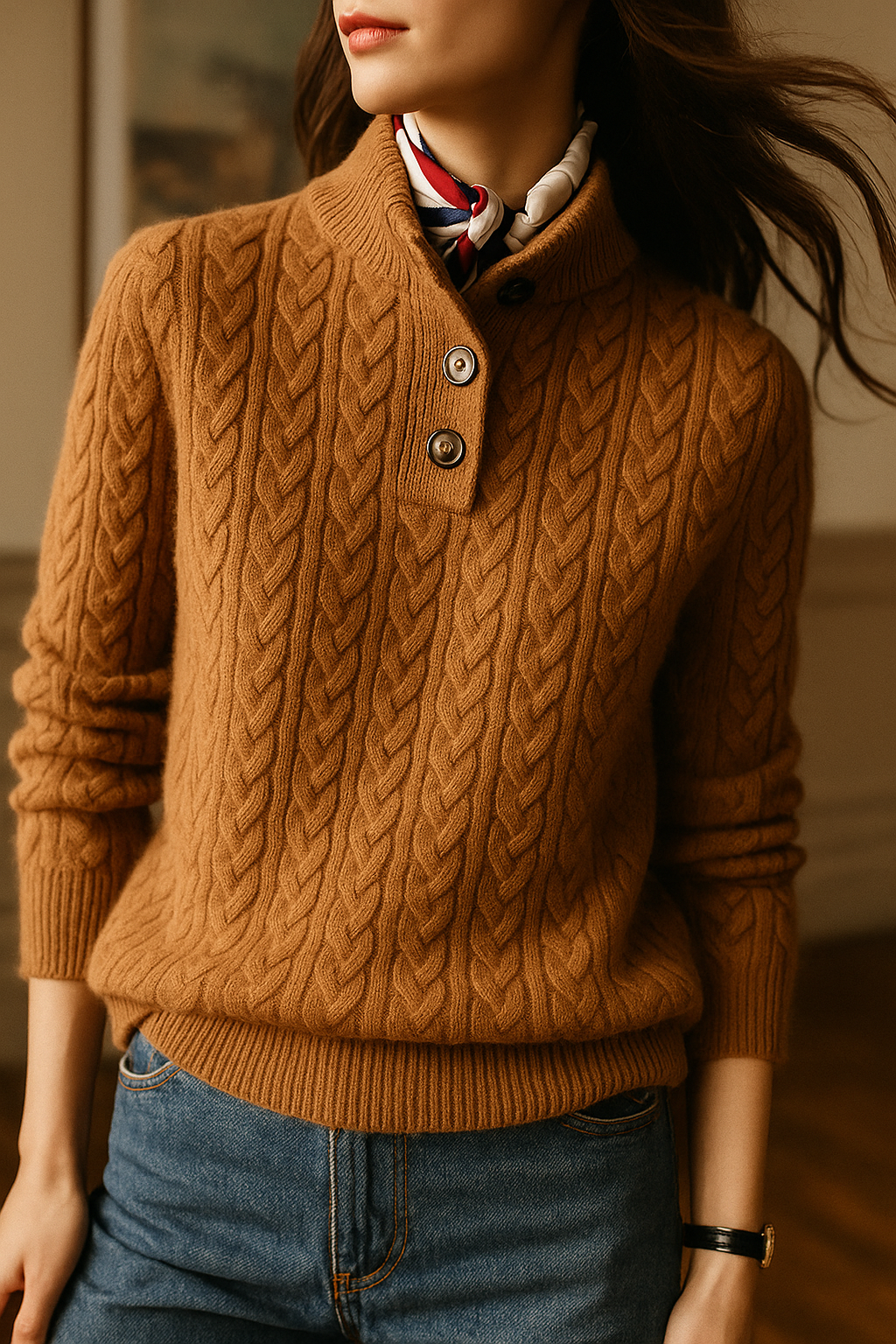 Model in the caramel-brown cable-knit sweater with scarf knotted at the stand collar, turned to the side with hair in motion. 3