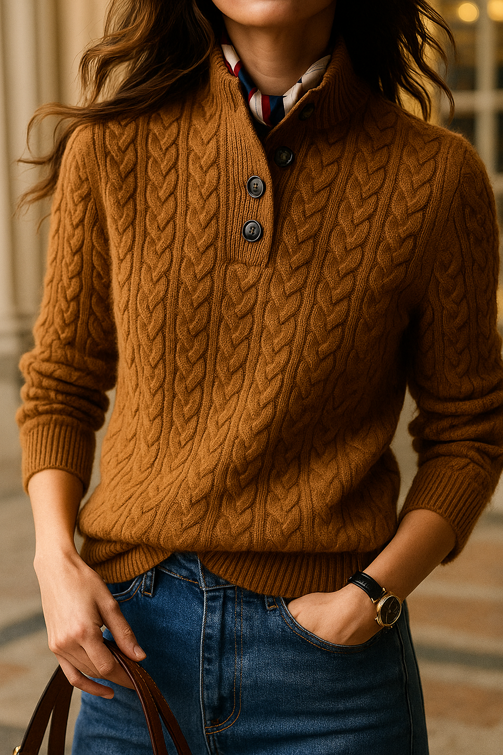 Close-up of a model wearing the caramel-brown cable-knit sweater with blue jeans, scarf at the collar and a leather bag. 2
