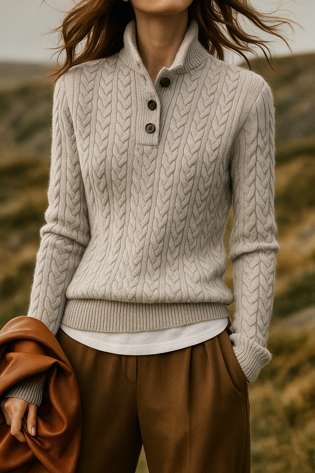 Model outdoors in the light grey cable-knit sweater with high buttoned collar, white top underneath, brown trousers and tan leather jacket. 13
