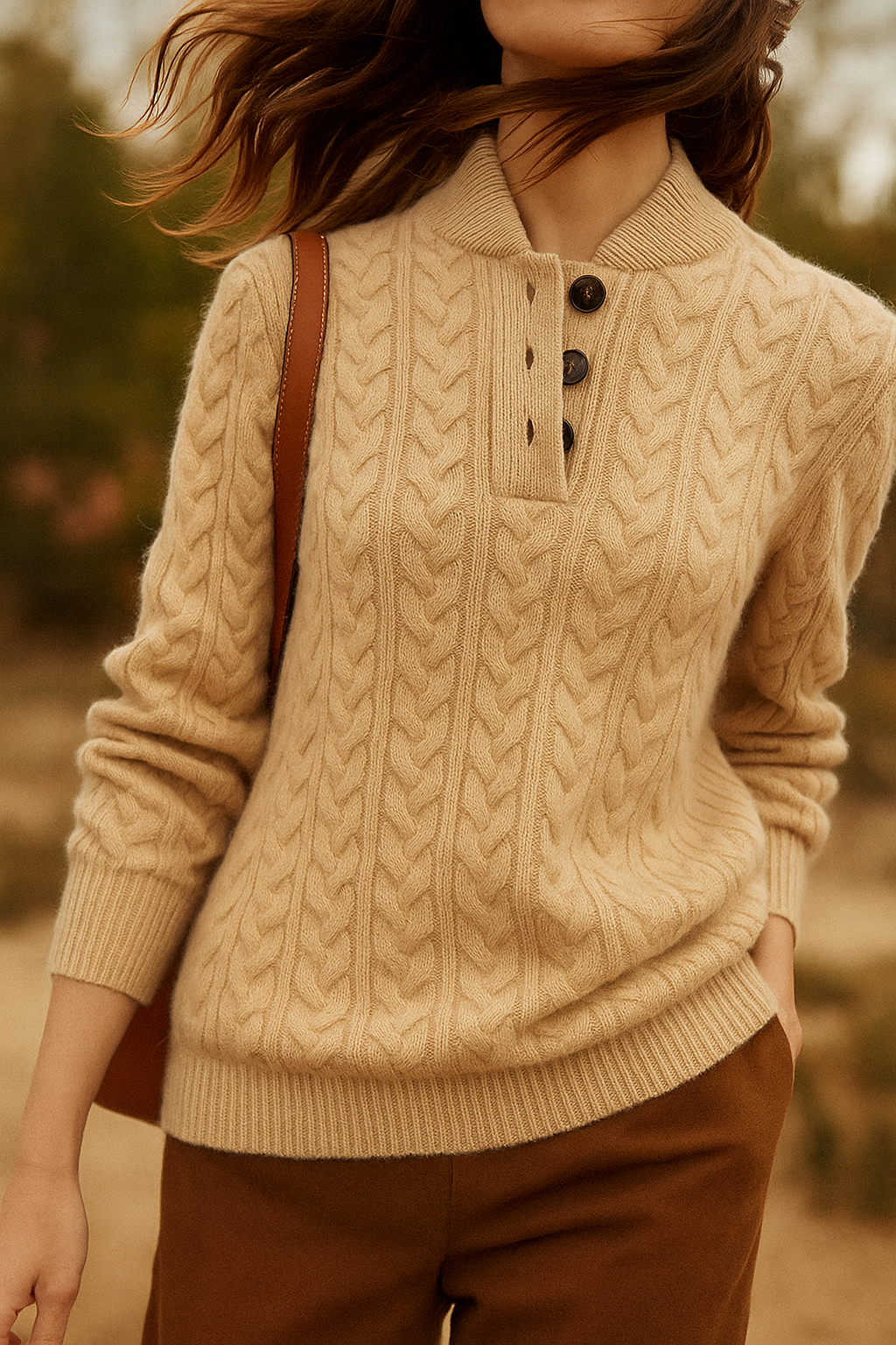 Model in the beige cable-knit sweater with ribbed collar and three buttons, hair blowing, brown leather bag on shoulder. 10