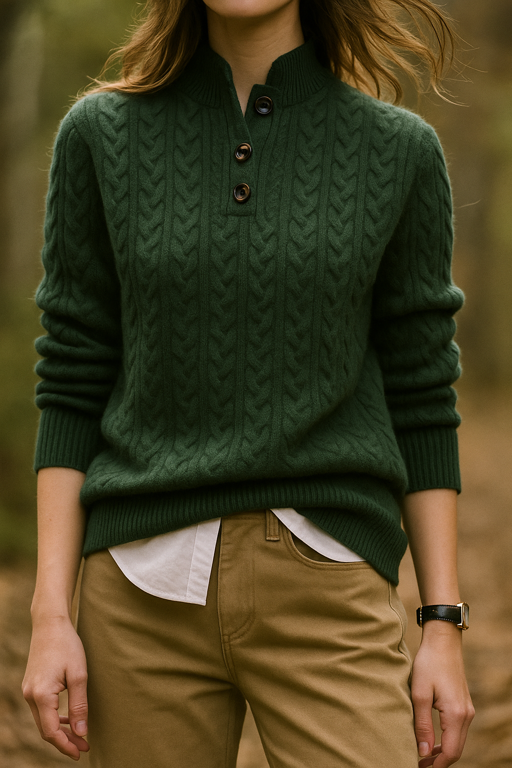 Model standing outdoors in the dark green cable-knit sweater with three buttons, worn over a white shirt and tan trousers. 6