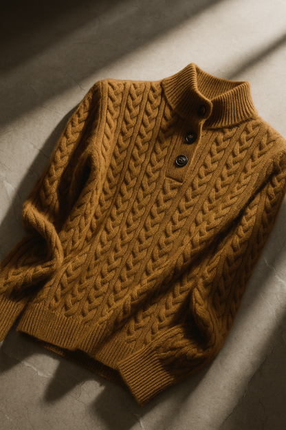 Flat lay of a golden-brown cable-knit sweater with ribbed collar and three dark buttons, lying in streaks of sunlight. 23