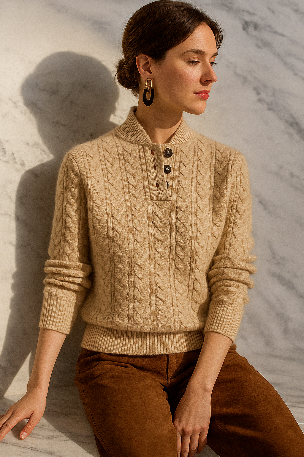 Woman in a beige cable-knit sweater with three dark buttons at the collar, worn with brown suede trousers against marble. 22
