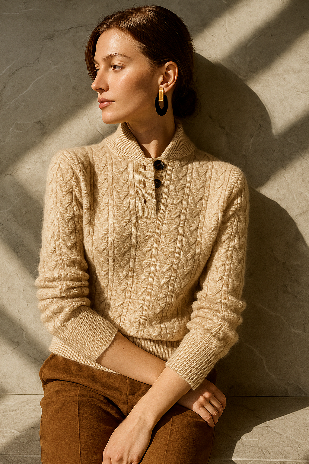Model seated against a marble wall in sunlight, wearing the beige cable-knit sweater with brown trousers and dark drop earrings. 12