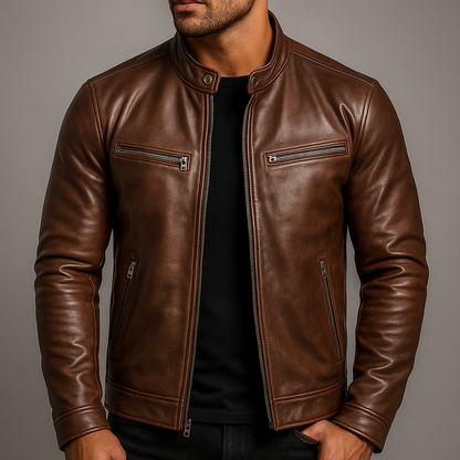 Brown leather jacket worn open by a model over a black t-shirt, showing the stand collar and zipped chest pockets. 3