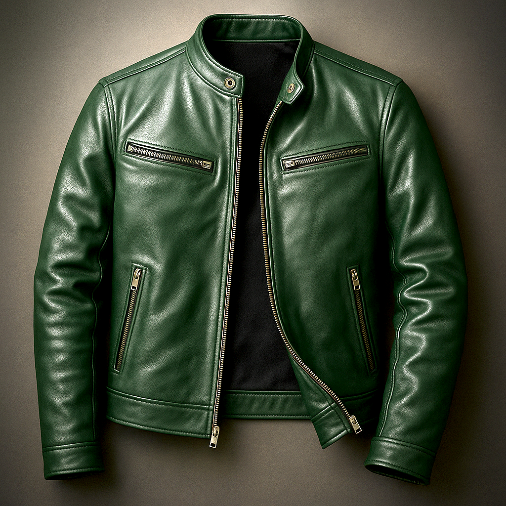 Green leather jacket laid flat with the zip partly undone, showing brass-toned zips, collar snap and ribbed hem band. 6