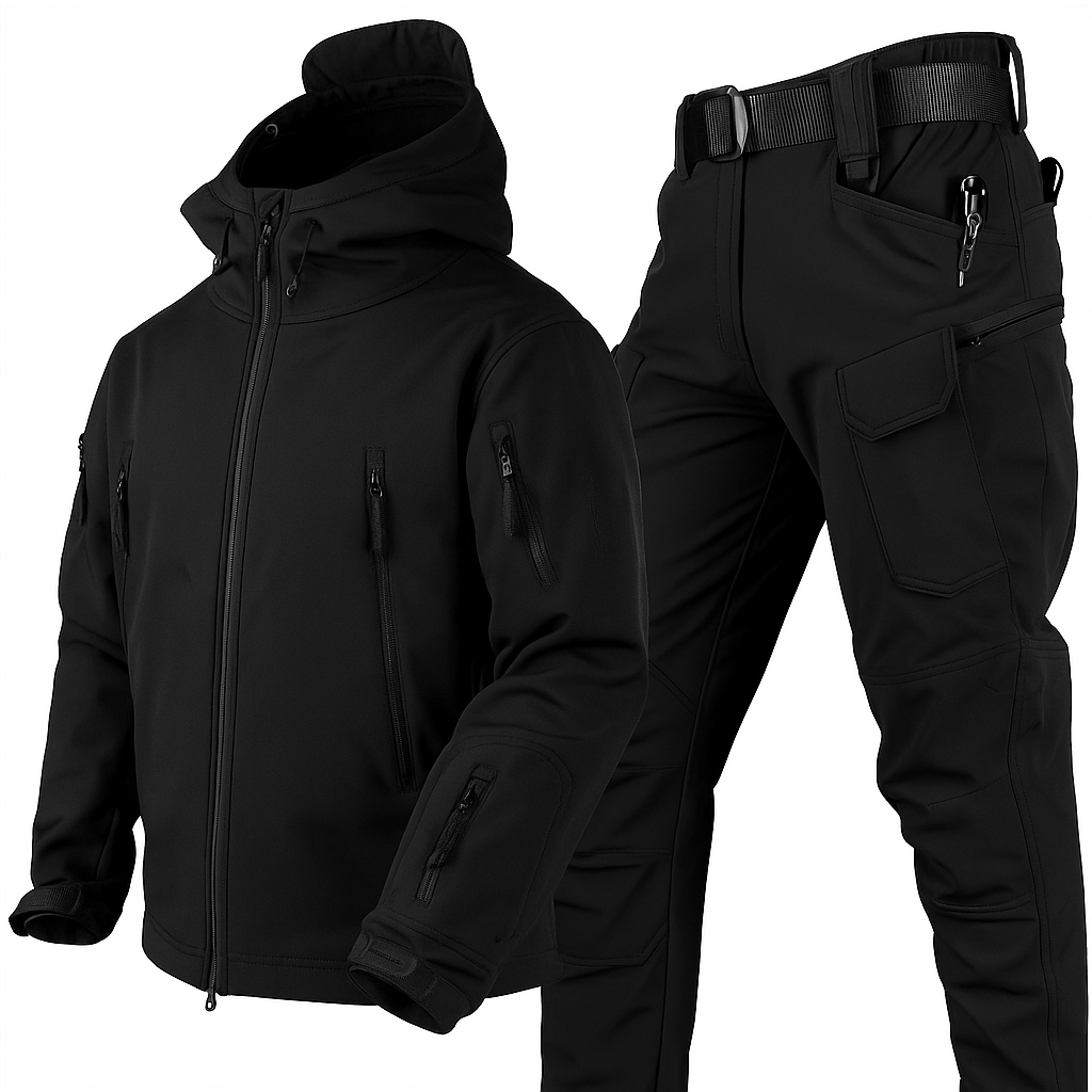 Black hooded zip-up jacket and matching cargo trousers with belt, shown together against a white background, with several zipped pockets. 1