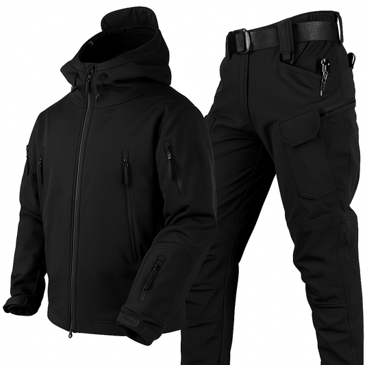 Black hooded zip-up jacket and matching cargo trousers with belt, shown together against a white background, with several zipped pockets. 1
