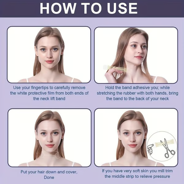 Four-step guide showing how to peel the film, stretch the strip behind the neck, cover with hair and trim the middle. 5