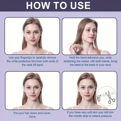 Four-step guide showing how to peel the film, stretch the strip behind the neck, cover with hair and trim the middle. 5