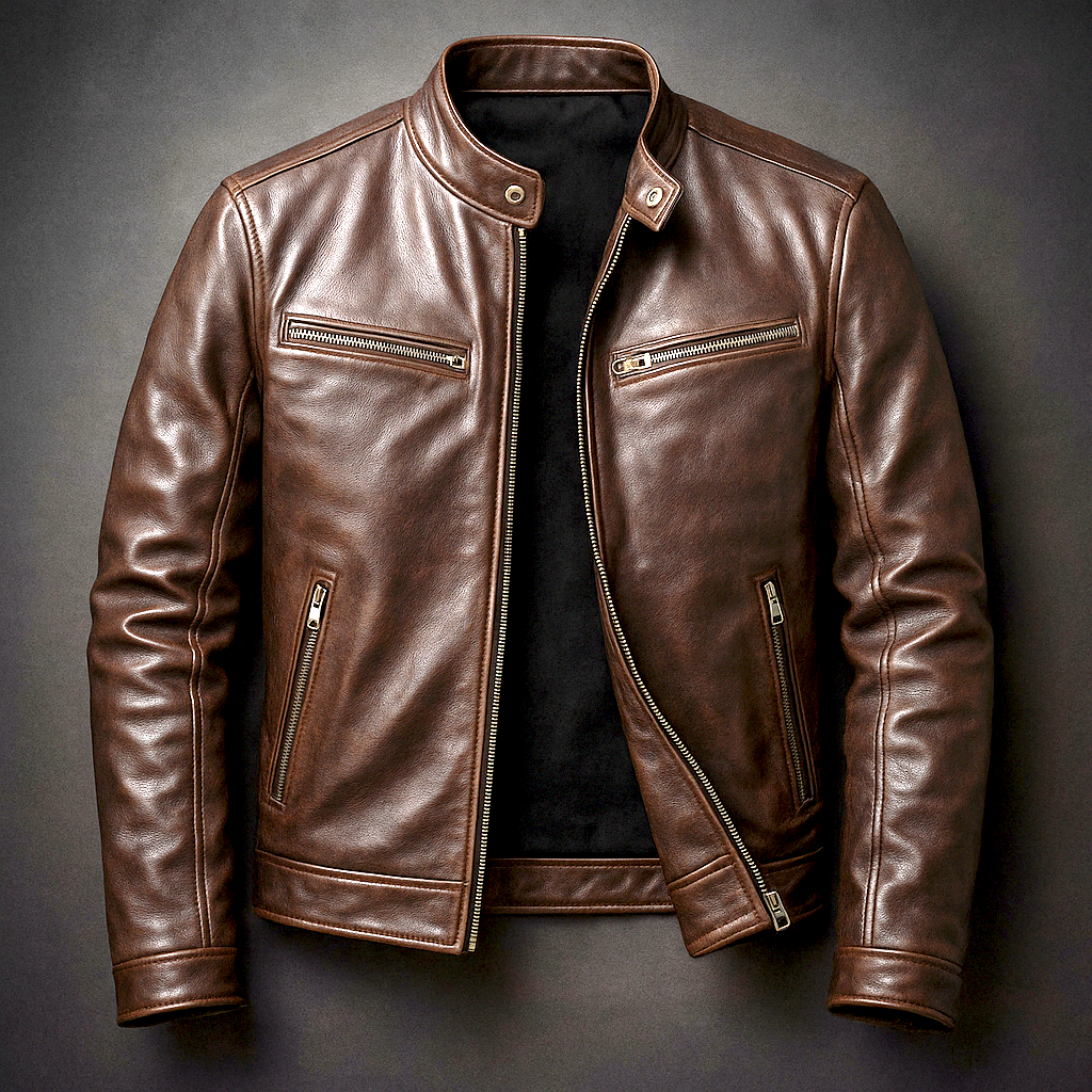 Brown leather jacket laid flat with the zip partly undone, showing the collar snap, zipped pockets and cuff tabs. 4