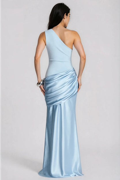 Back view of the pale blue gown showing the asymmetric strap and draped satin hip detail 4
