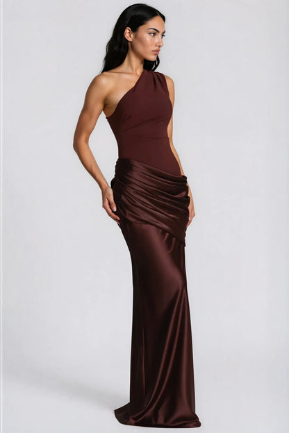 Brown satin gown seen from the side, showing the gathered drape at the hip and long skirt 8