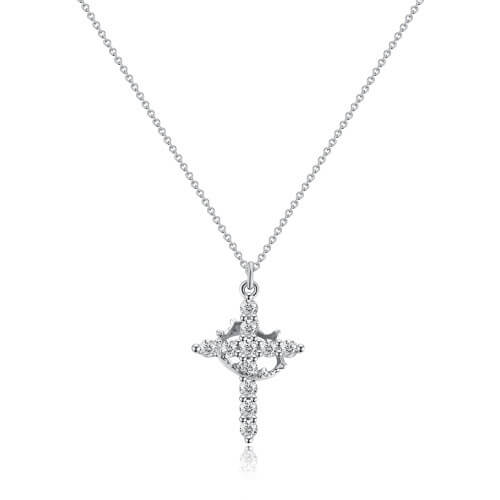 Silver-toned cross necklace with sparkling stones and a crown at the centre, shown flat on white 6