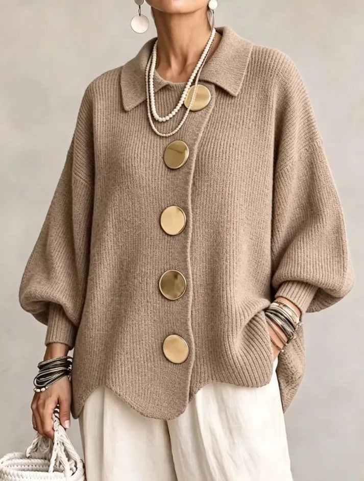 Camel brown version worn by a model, showing balloon sleeves and chunky ribbed knit 7