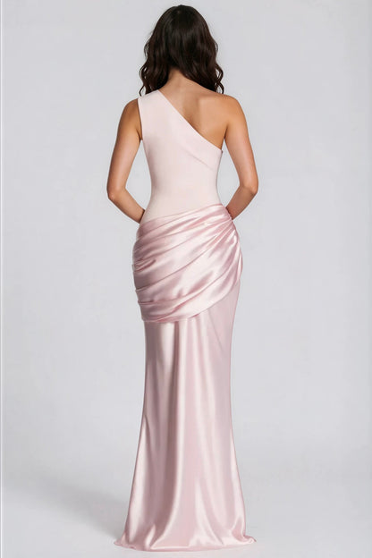 Back view of the pale pink one-shoulder dress, showing the draped satin hip detail 31