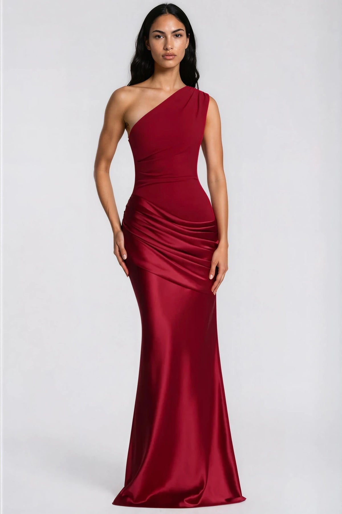 Front view of the deep red one-shoulder satin dress with ruched hip drape 34