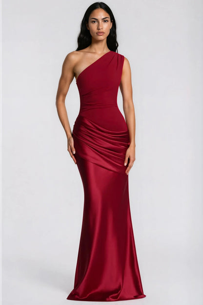 Front view of the deep red one-shoulder satin dress with ruched hip drape 34