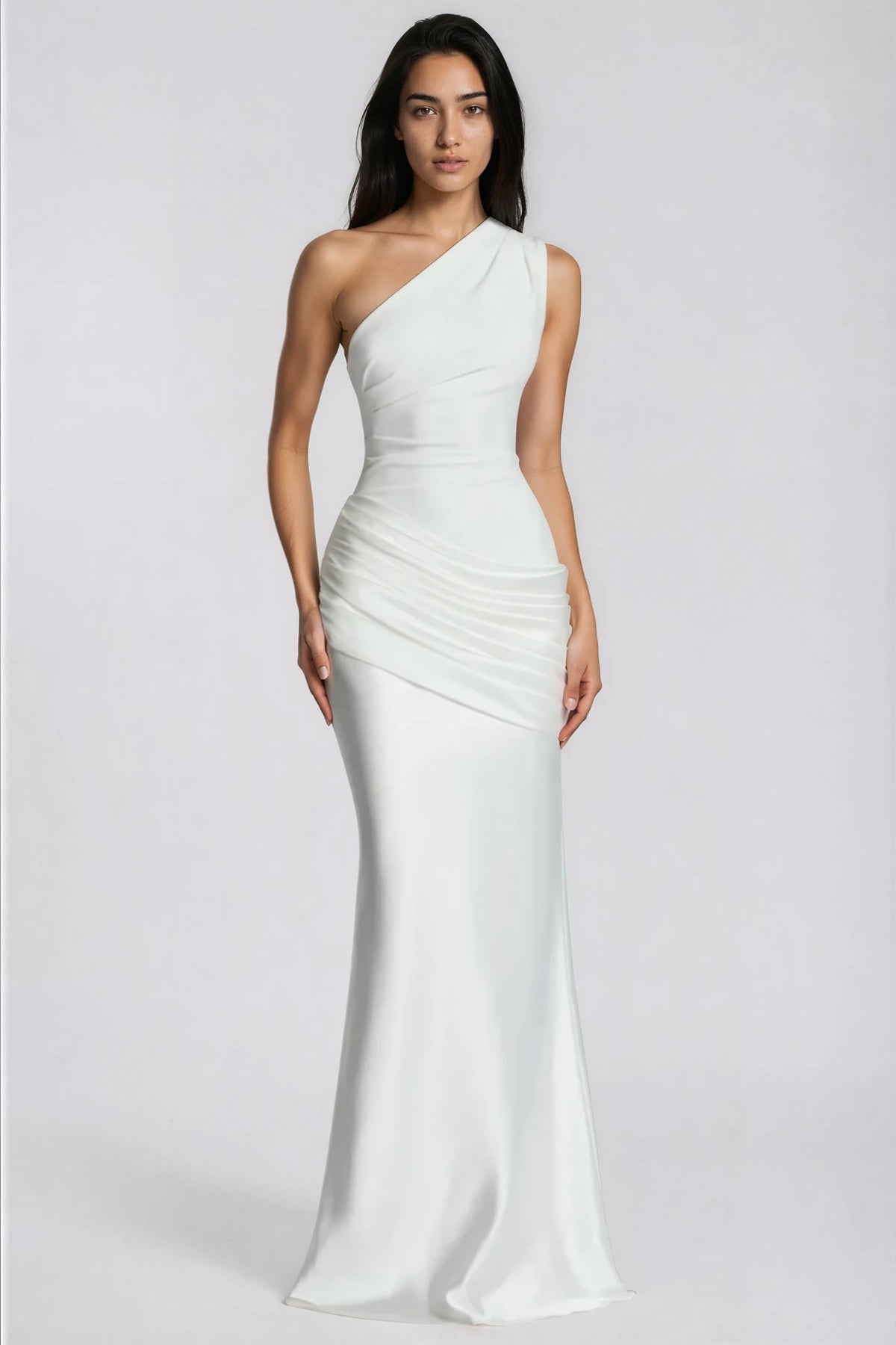 White version of the one-shoulder gown from the front, with draped satin waist and floor-length skirt 5