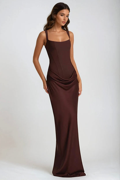 Brown maxi dress worn at an angle, showing the draped hip ruching and fitted corset bodice 6