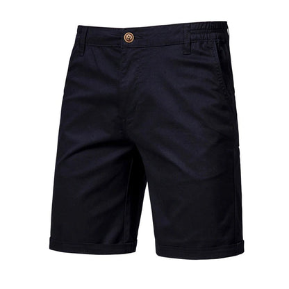 Front view of black shorts with a brown button, elastic side waist and rolled hems 6