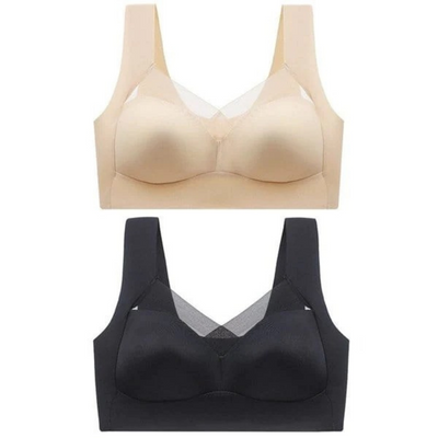 Two seamless bras laid out together, one in beige above one in black 6