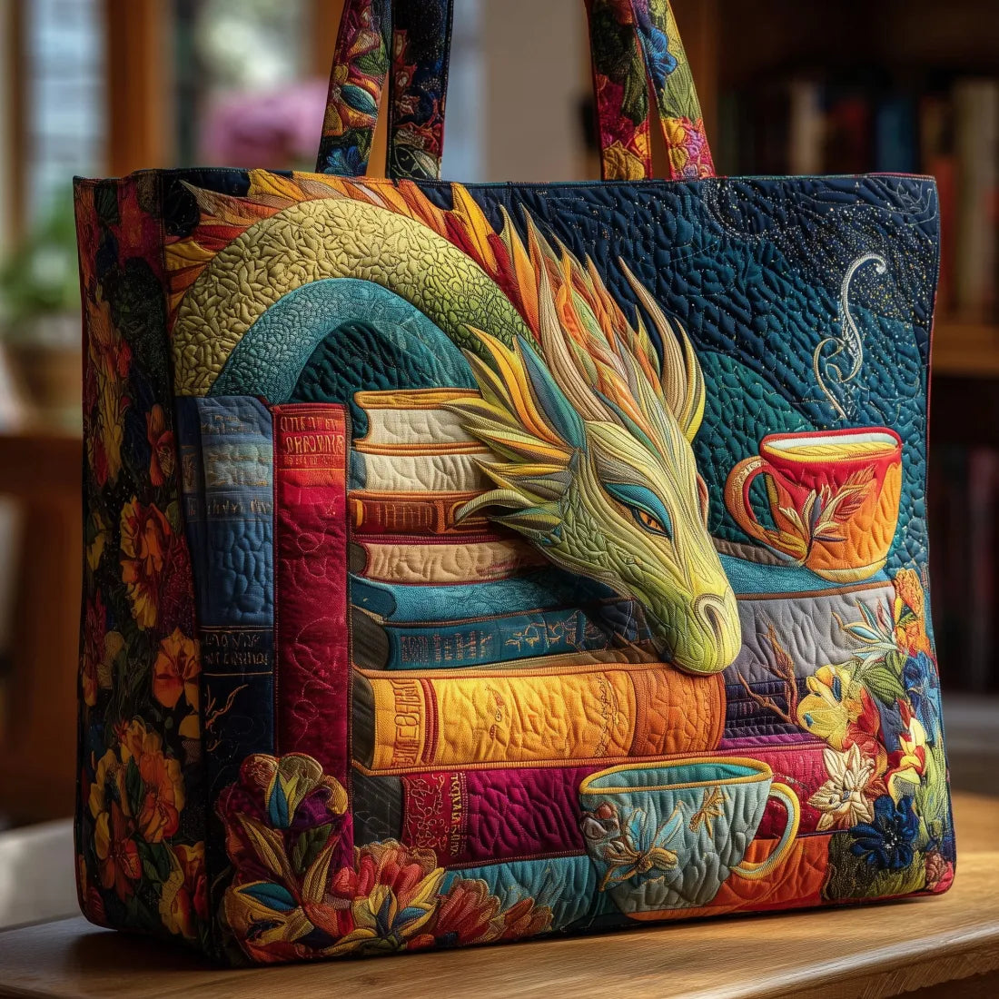 Front of the quilted tote on a wooden table, showing a green dragon resting on stacked books beside teacups 1