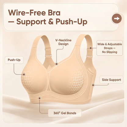 Beige wireless bra on a silky backdrop, labelled with V-neckline, wide adjustable straps and side support features 4