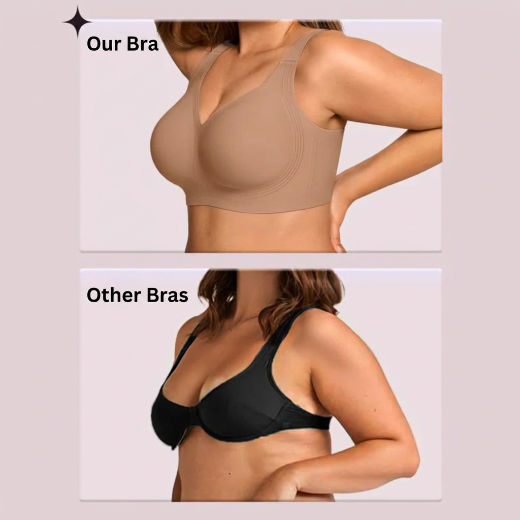 Side-by-side comparison: smooth brown wireless bra above, black underwired bra below, both worn by models 10