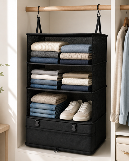 Black three-shelf organiser hanging from a wooden rail, neatly stacked with folded knits, jeans and trainers 10