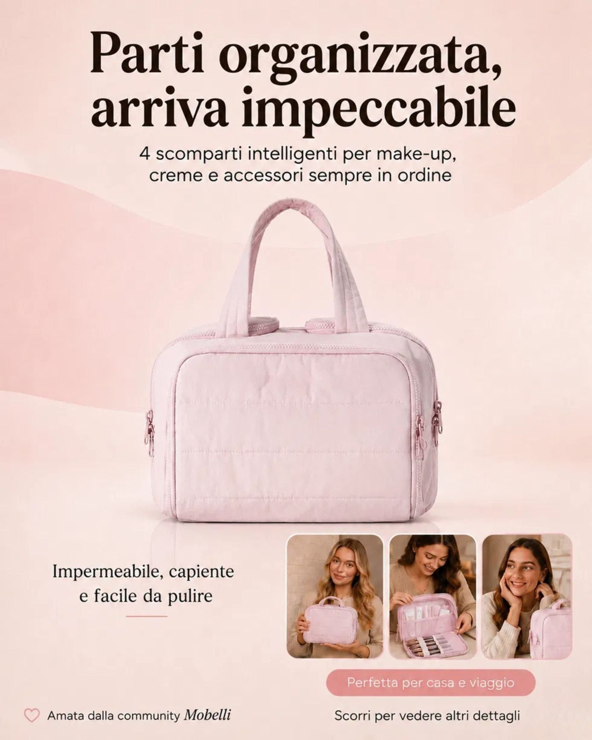 Pink quilted top-handle organiser bag shown front-on on a soft pink backdrop, with three small lifestyle photos of women using it. 1