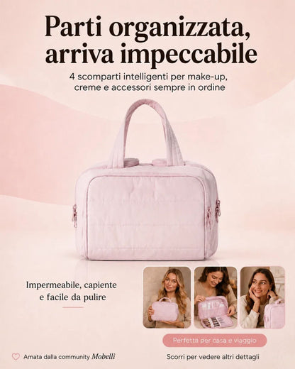 Pink quilted top-handle organiser bag shown front-on on a soft pink backdrop, with three small lifestyle photos of women using it. 1