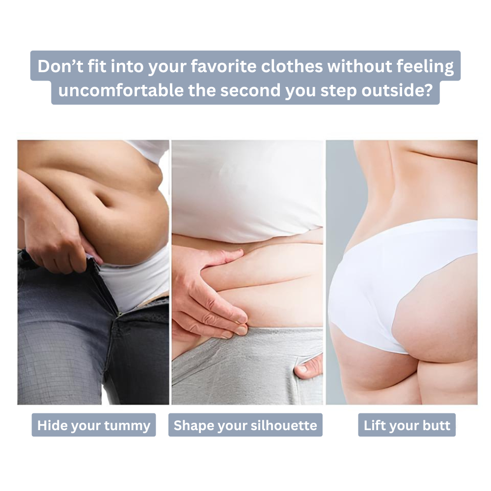 Three-panel comparison of a tummy bulging over jeans, a hand pinching the waist, and the rear view of a bare, unshaped bottom. 2