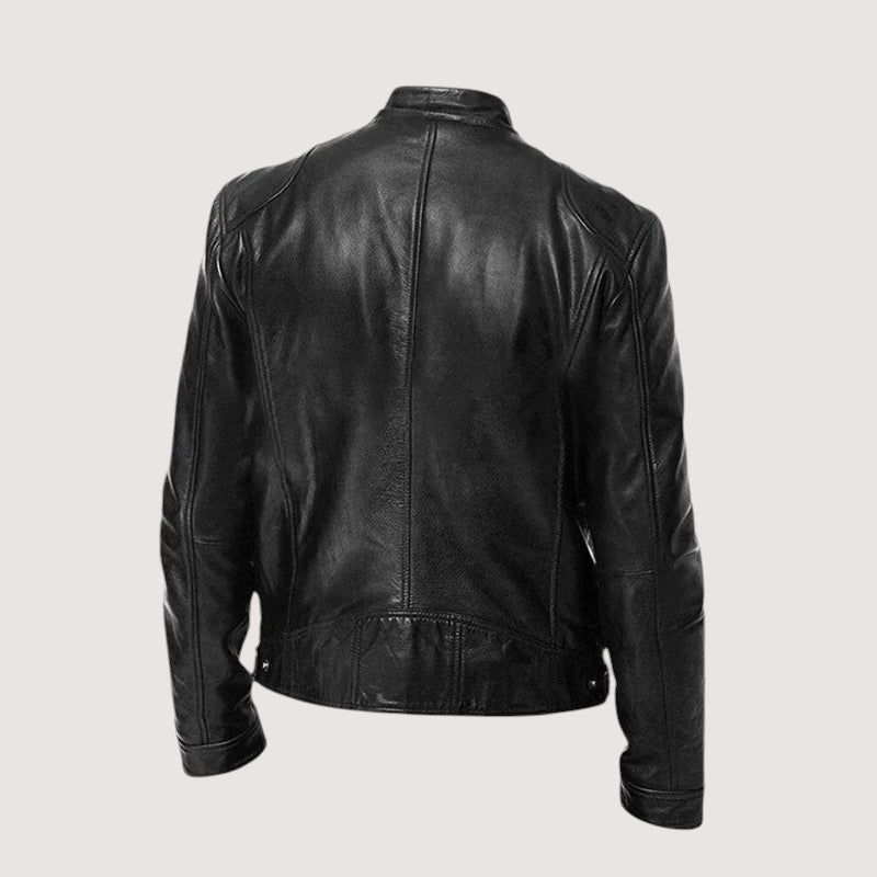 Back view of the black leather jacket, showing centre seam, shoulder panels and fitted waistband with snaps 3