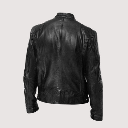 Back view of the black leather jacket, showing centre seam, shoulder panels and fitted waistband with snaps 3