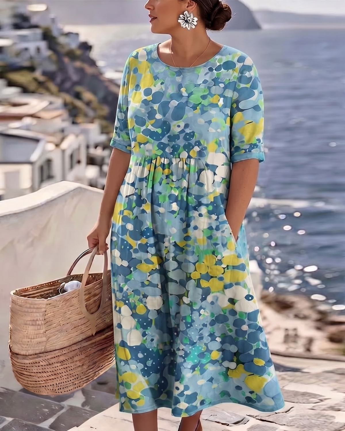 Blue floral dress on a second model with a hand in the pocket and a woven basket 10