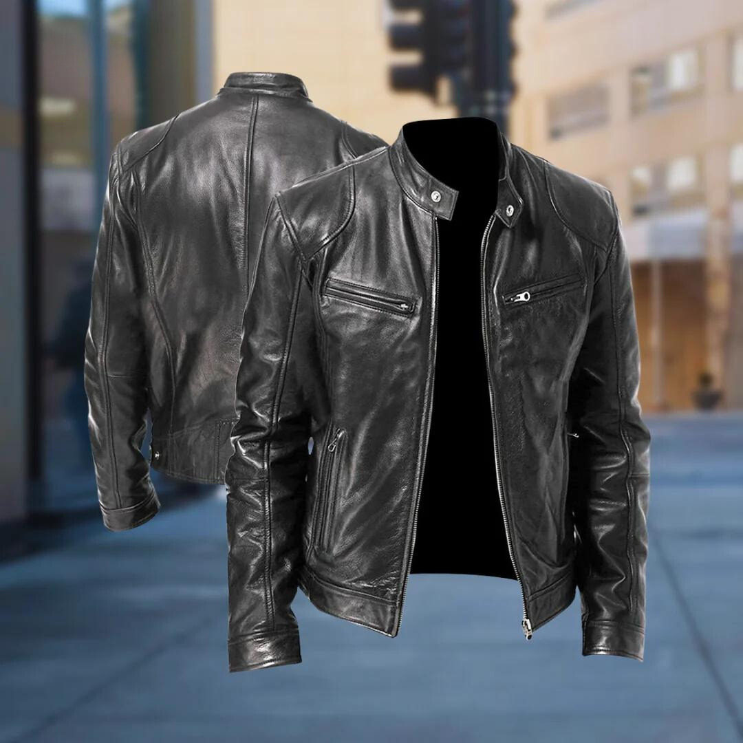 Black leather jacket shown from both the front and the back, side by side, against a blurred city street background. 4