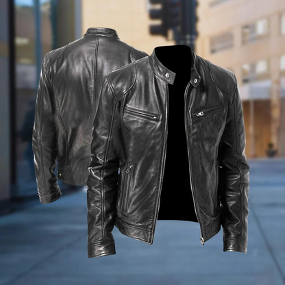 Black leather jacket shown from both the front and the back, side by side, against a blurred city street background. 4