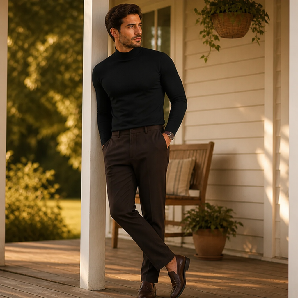 Model leaning on a porch post in the black high-neck tee, brown trousers and loafers, hand in pocket. 3