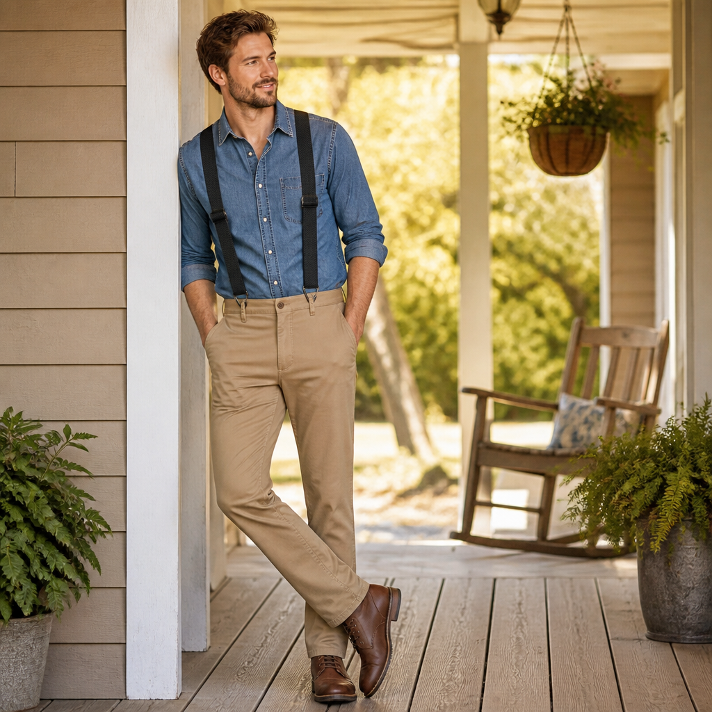 Man in a denim shirt and khaki trousers wearing black suspenders, leaning against a porch post beside a rocking chair. 3