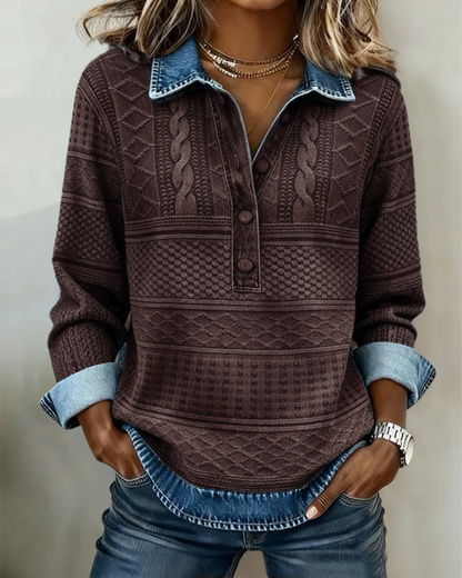 Woman wearing the dark brown sweater with blue denim collar and cuffs, hands in jeans pockets 7