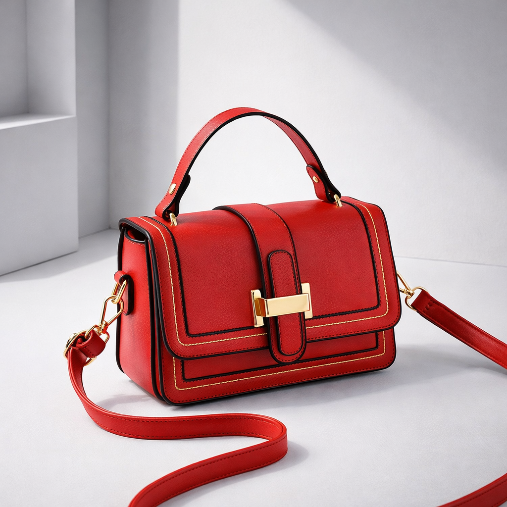 Red version of the bag at an angle, with gold clasp, contrast stitching and strap trailing across a pale studio floor. 8