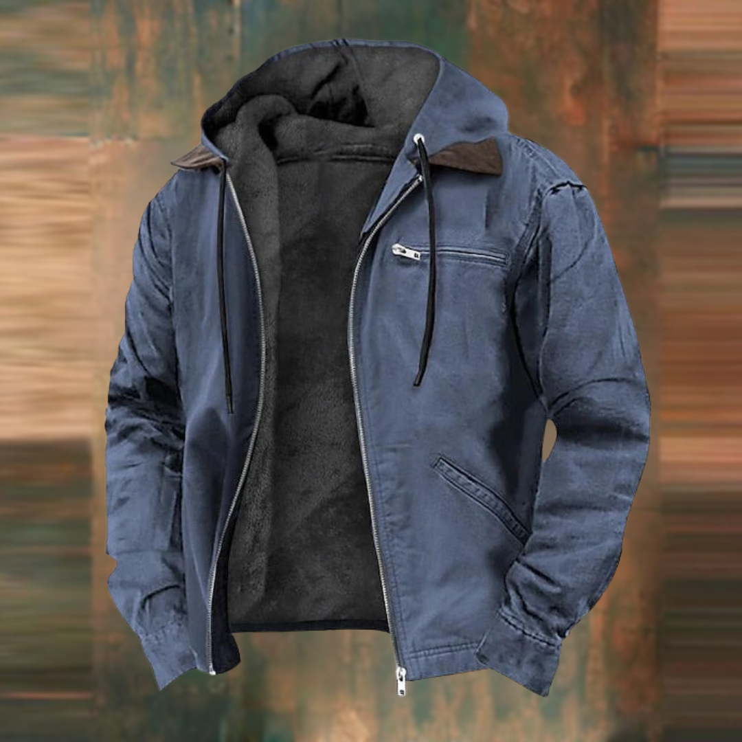 Same hooded jacket in slate blue, front open with dark fleece lining visible 3
