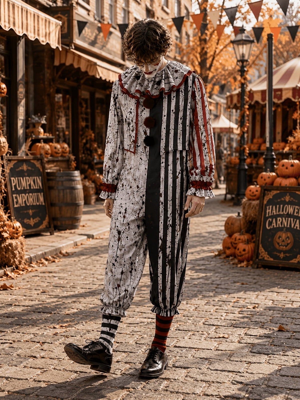 Model walking along a cobbled street in the clown jumpsuit, showing the pom-pom buttons, split stripe design and striped socks. 4