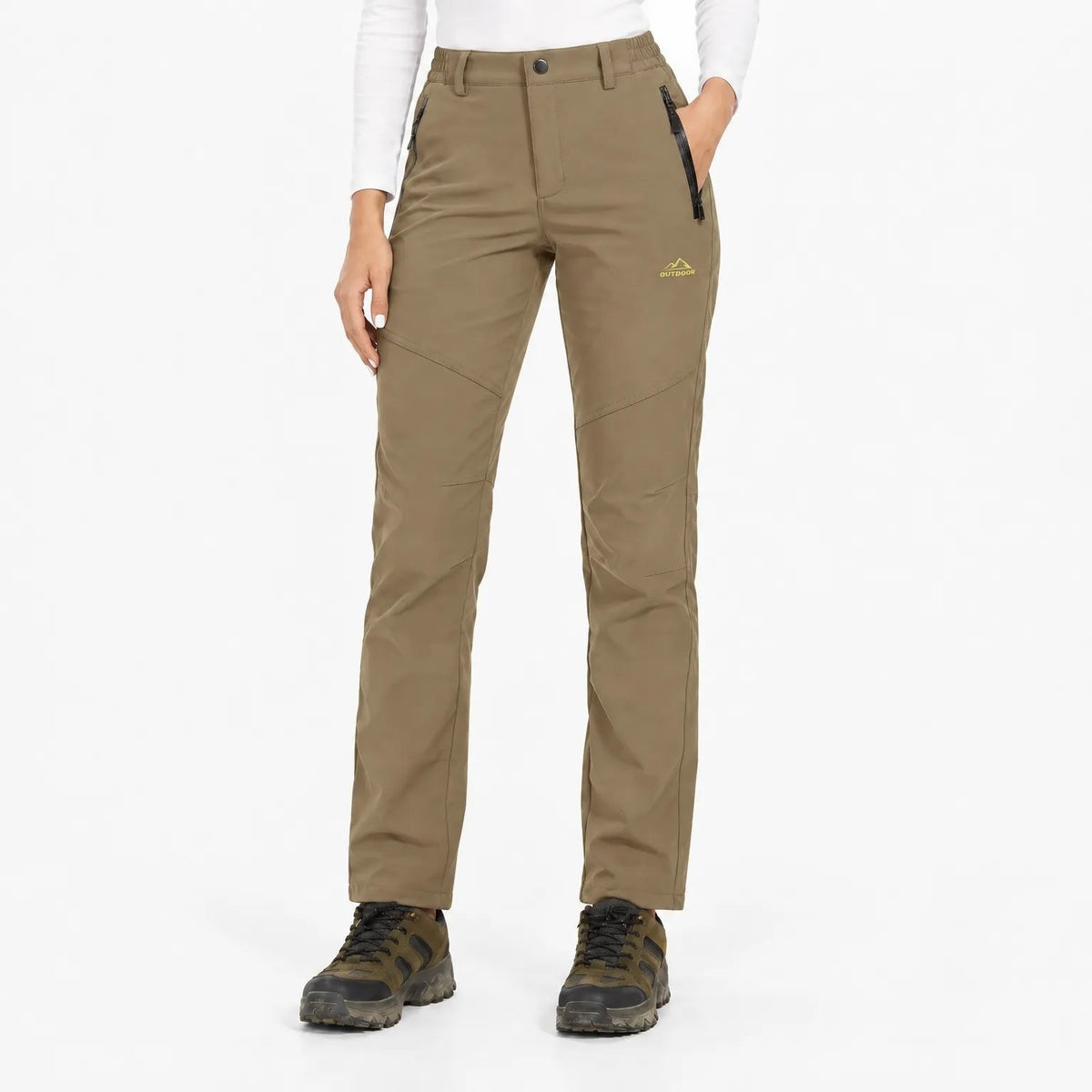 Front view of the trousers in a muted brown-khaki shade with panelled legs 10
