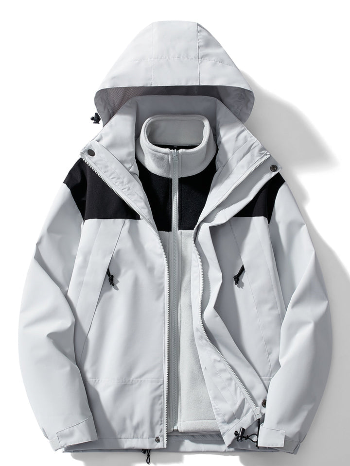 Light grey hooded jacket with black shoulder panels, open to show the grey fleece liner 3