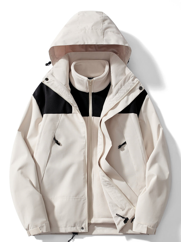 Cream hooded jacket with black shoulder panels, open to show the cream fleece liner 5