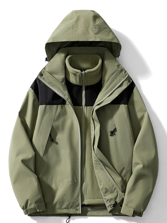 Hooded jacket in olive green with black shoulder panels, open to show a matching fleece liner 1