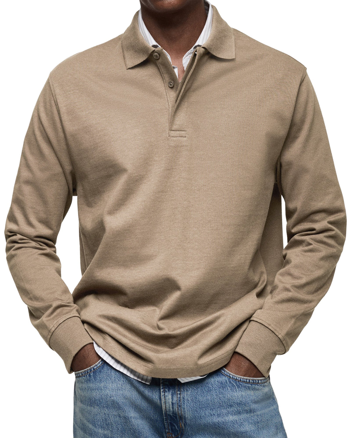 Beige-brown version on a model, showing the soft collar and ribbed cuffs 8