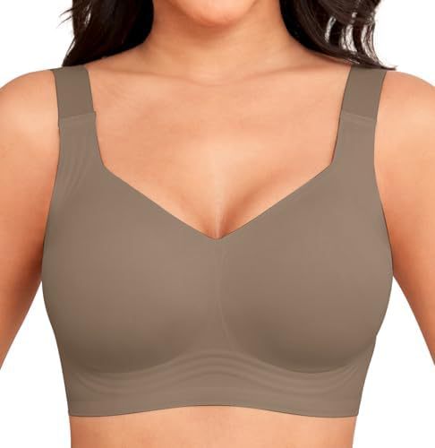 Taupe seamless wireless bra with wide straps and wavy lines along the band, front view 5